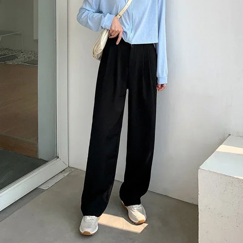Women Solid High Waist Suit Pants Fall Straight  Fashion Trousers Casual Button Loose Office Ladies Korean Female Pant New