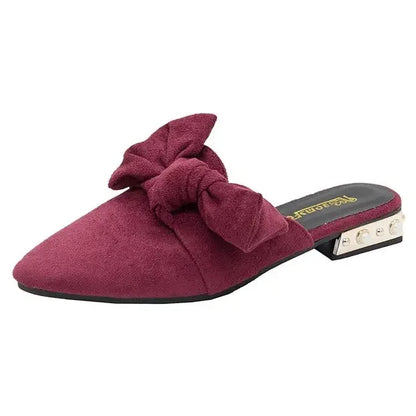 Slides With Bow Shoes for Women Low Heel Woman Slippers Original 39 Non Slip Sandals Summer Footwear 2025 Trend Easy Wears Shoe