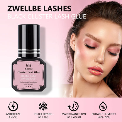 ZWELLBE Lash Clusters Glue 8ml Black Eyelash Glue for DIY Lash Extensions Long-Lasting Waterproof&No Irritation Makeup Tool