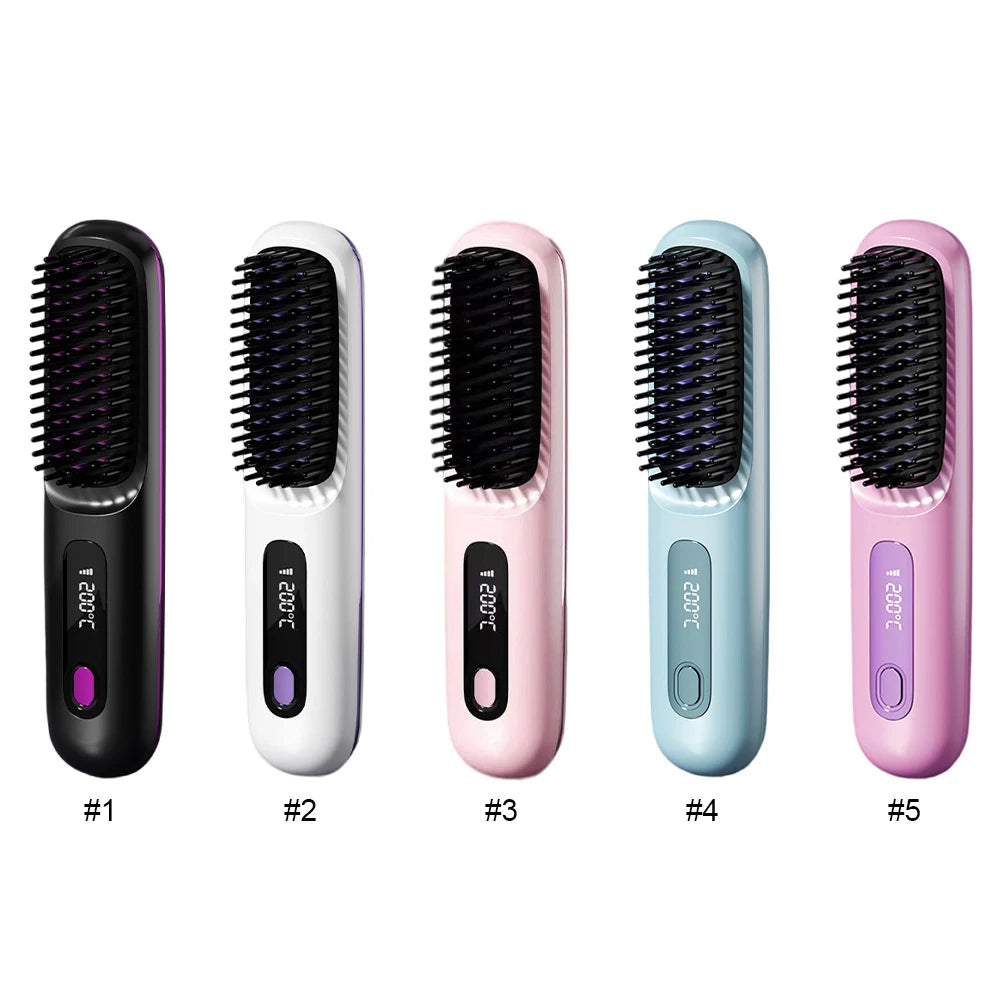 Electric LCD USB Ceramic Heating Straight Hair Comb Wireless Portable Negative Ion Styling Tool Rechargeable Straightening Brush