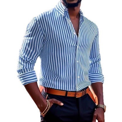 Ins Stripe Printed Long Sleeve Shirt Men Fashion Casual Lapel Button Top Clothing